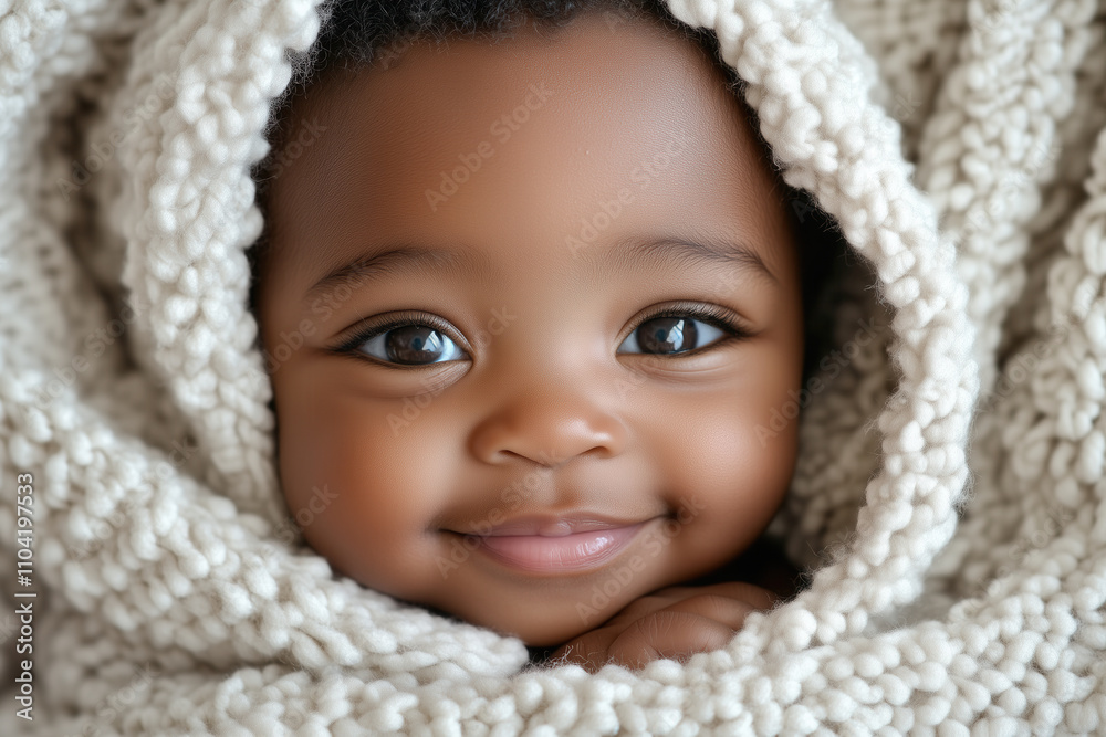 An Afro-American baby swaddled in a white blanket, with only their cute face peeking out, smiling gently An Afro-American baby swaddled in a white blanket, with only their cute face peeking out, smiling gently