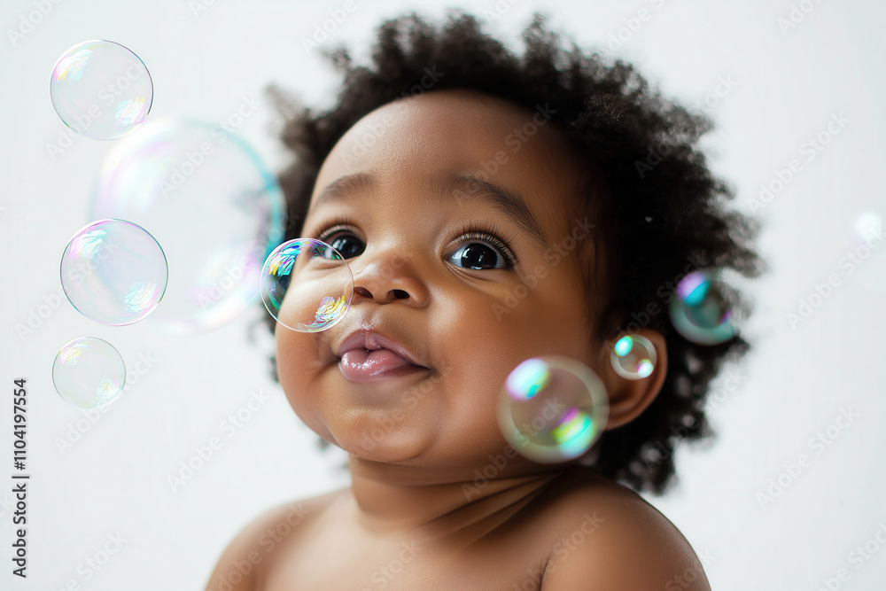An Afro-American baby with chubby cheeks, blowing bubbles while sitting on a clean white backdrop