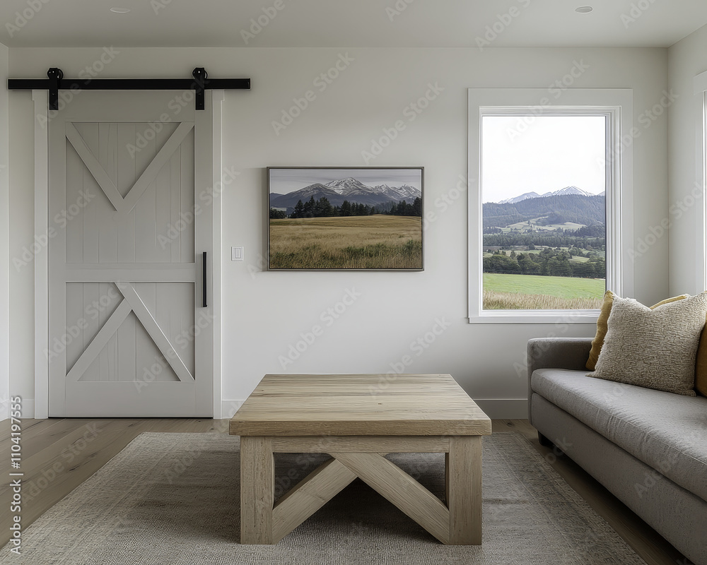 rustic interior featuring farmhouse style living room with wooden table