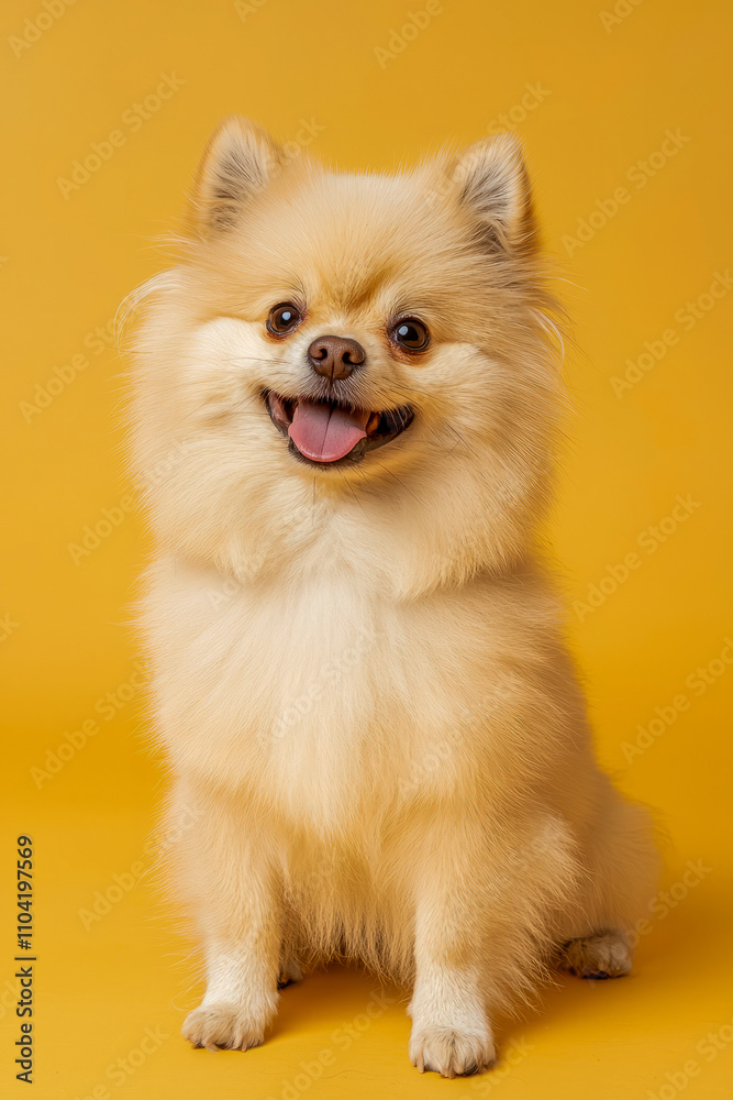 Fluffy pomeranian with happy expression on yellow background Fluffy pomeranian with happy expression on yellow background