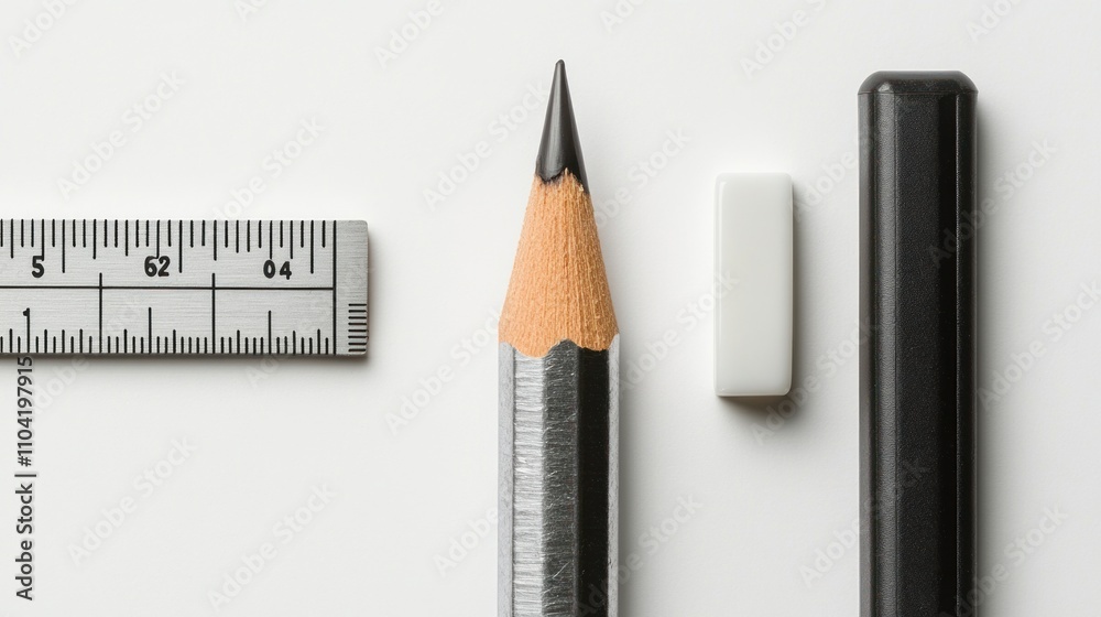 Precise Stationery: Pencil, Ruler, and Eraser on White Background Precise Stationery: Pencil, Ruler, and Eraser on White Background