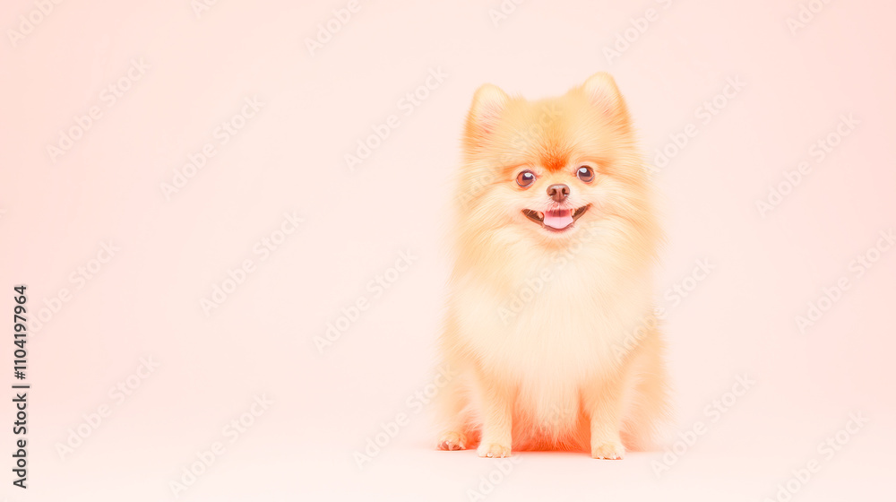 Fluffy pomeranian sitting against a soft pink background Fluffy pomeranian sitting against a soft pink background