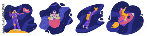 Vector illustration female astronauts: flying on a rocket, sitting on a planet, holding a star