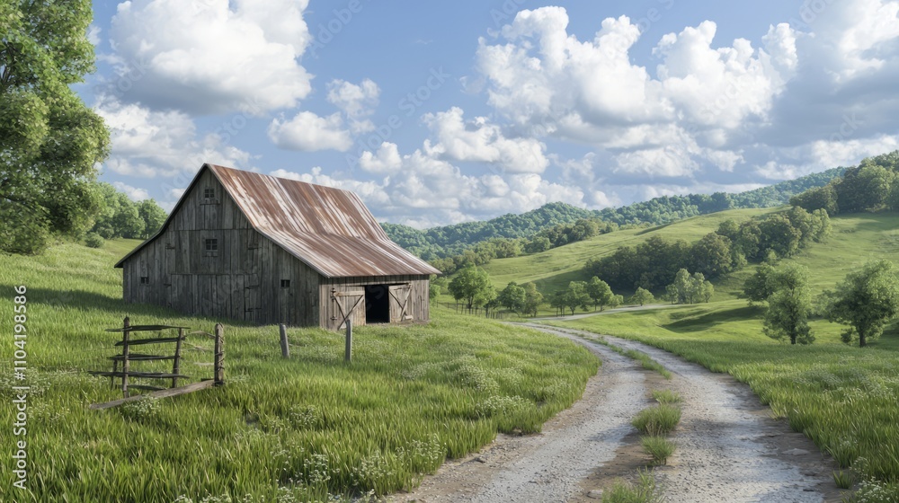 Serene Countryside Charm - Ultra-Detailed Image of Rustic Barn Against Green Hills and Dirt Road Serene Countryside Charm - Ultra-Detailed Image of Rustic Barn Against Green Hills and Dirt Road