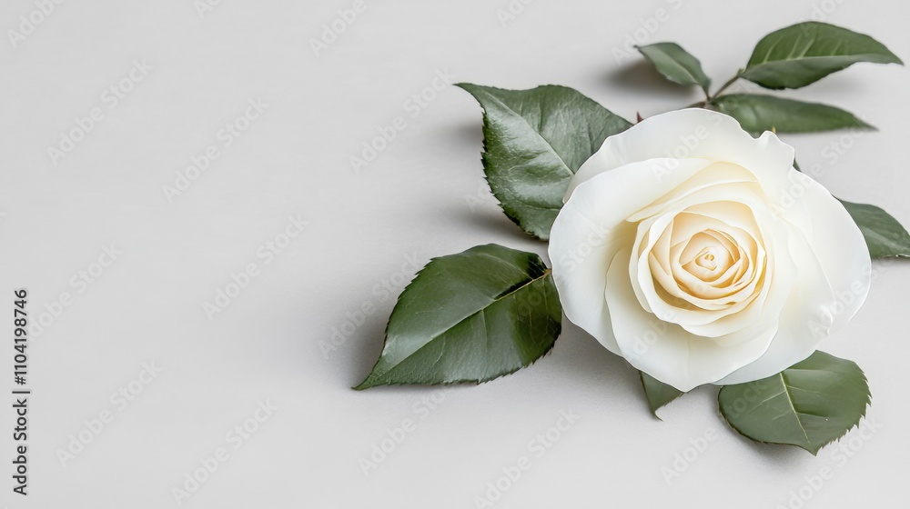 Fototapeta premium A serene white rose on a light gray background, close-up shot, Minimalist style