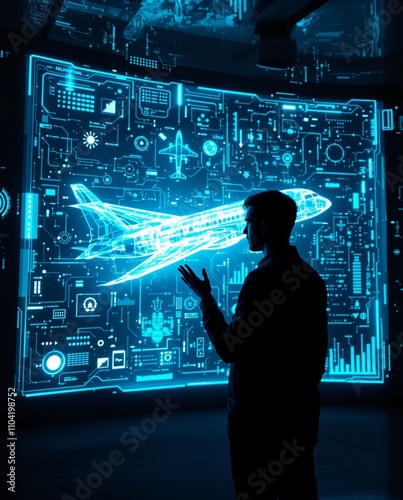 Futuristic Air Travel Concept: Silhouette of a Person Analyzing Digital Airplane Blueprints