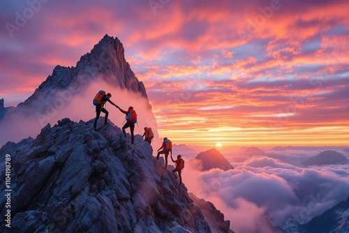 Adventurous Climbers Ascend Majestic Mountain Peak at Sunrise Over Fiery Skies