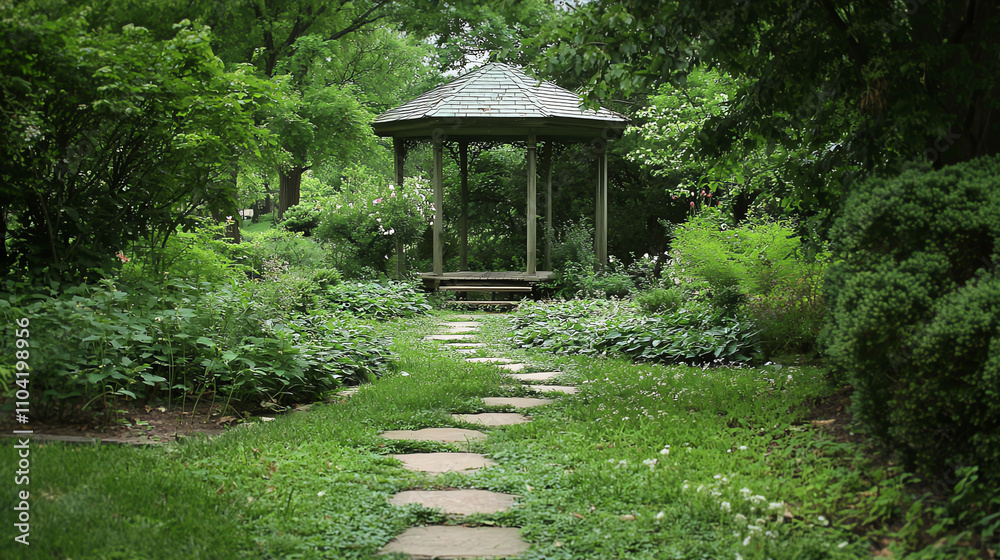 Charming garden path with stepping stones leading to a gazebo surrounded by lush greenery and fragrant flowers