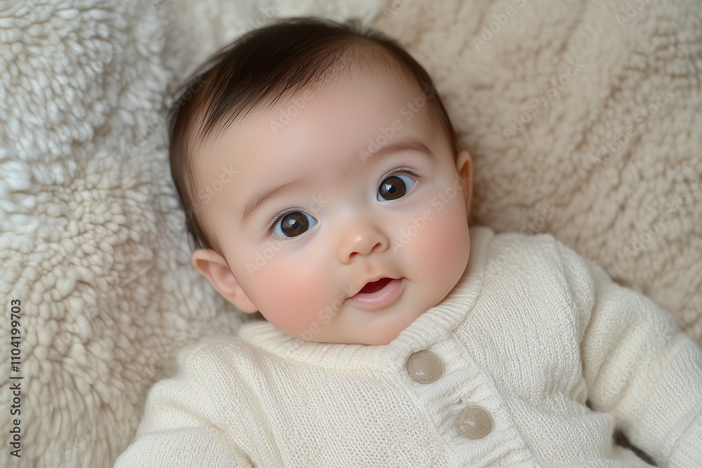 An Asian baby in a cream romper, lying on a soft blanket and looking at the camera with a wide smile