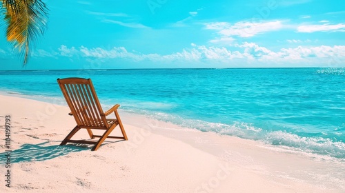 Budget-friendly vacation package featuring A tranquil beach scene featuring a wooden chair beside serene turquoise waters, perfect for relaxation and escape.