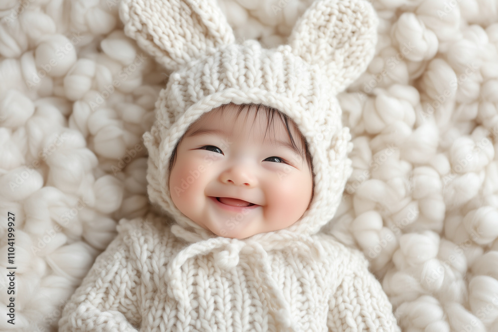 An Asian baby in a knitted hat with bunny ears, lying on a plush white blanket and smiling