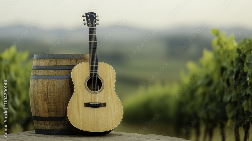 serene vineyard scene featuring acoustic guitar beside barrel