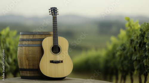 Obraz na płótnie serene vineyard scene featuring acoustic guitar beside barrel w salonie
