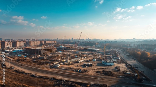 Aerial View of a Busy Construction Site Under Clear Skies and a Bright Sunlight