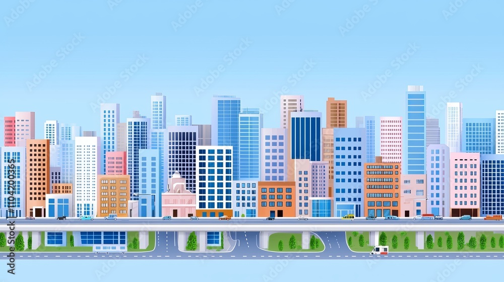 Fototapeta premium A cityscape with highways and skyscrapers represents modern urban planning and infrastructure.