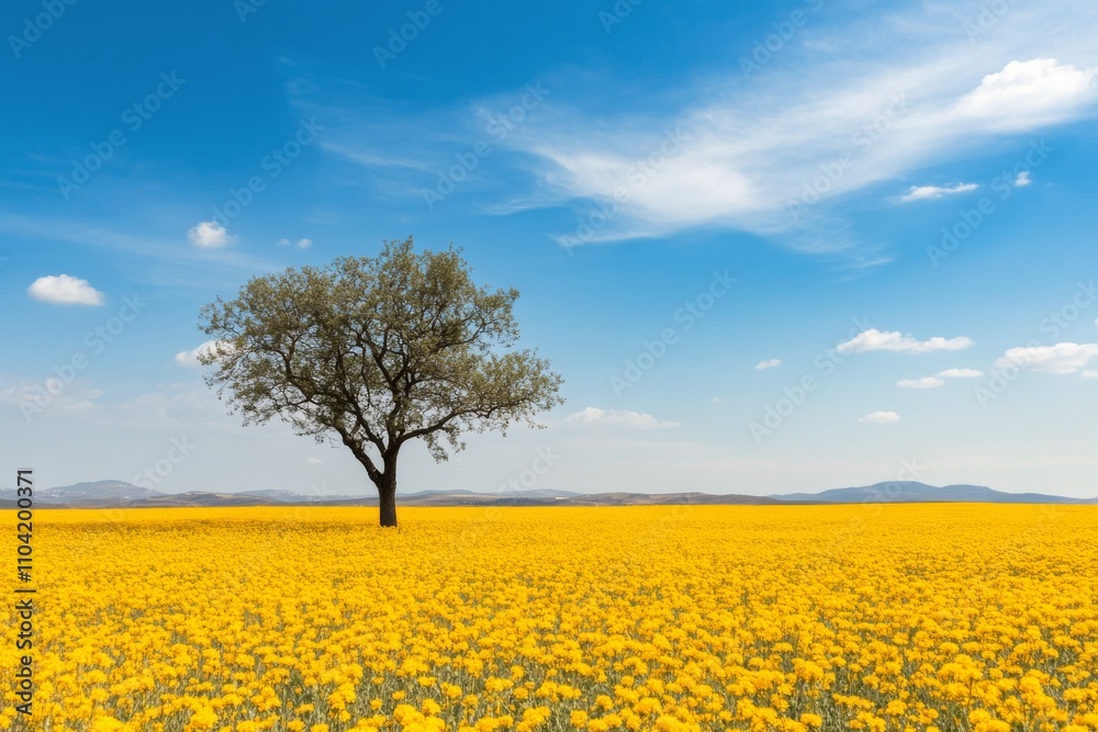 Obraz premium Vibrant yellow flower field with a solitary tree under a clear blue sky in a rural landscape