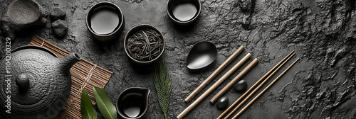 Japanese tea ceremony set with teapot, cups, and loose leaf tea on black stone background