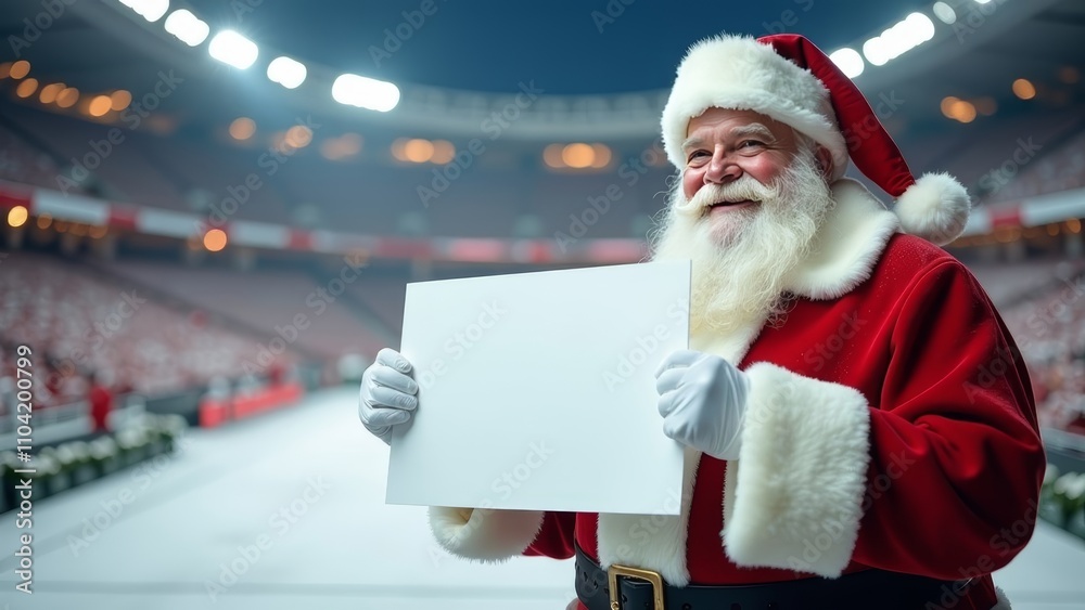 Naklejka premium Santa with a white big sign in white gloves against the background of a stadium decorated for Christmas