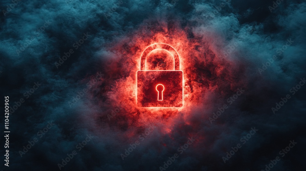 A glowing red digital lock icon surrounded by smoky effects A glowing red digital lock icon surrounded by smoky effects