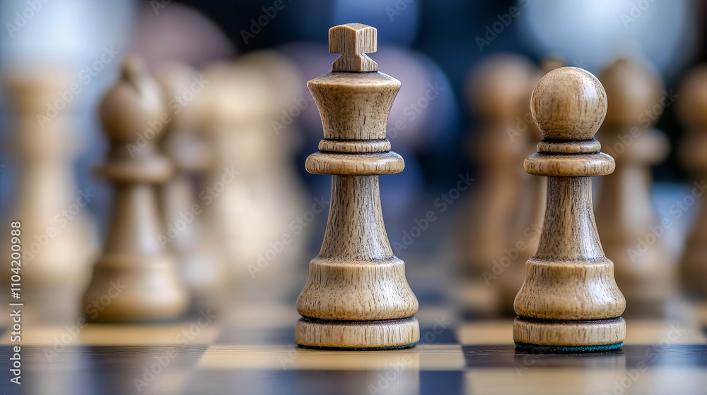 Close-up of wooden chess pieces on a board Close-up of wooden chess pieces on a board