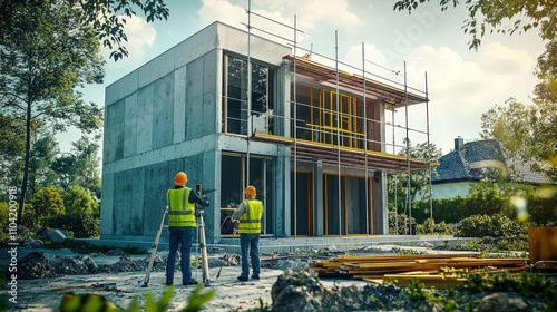 Construction workers monitoring progress on a modern building site with scaffolding and equipment in a green setting. photo