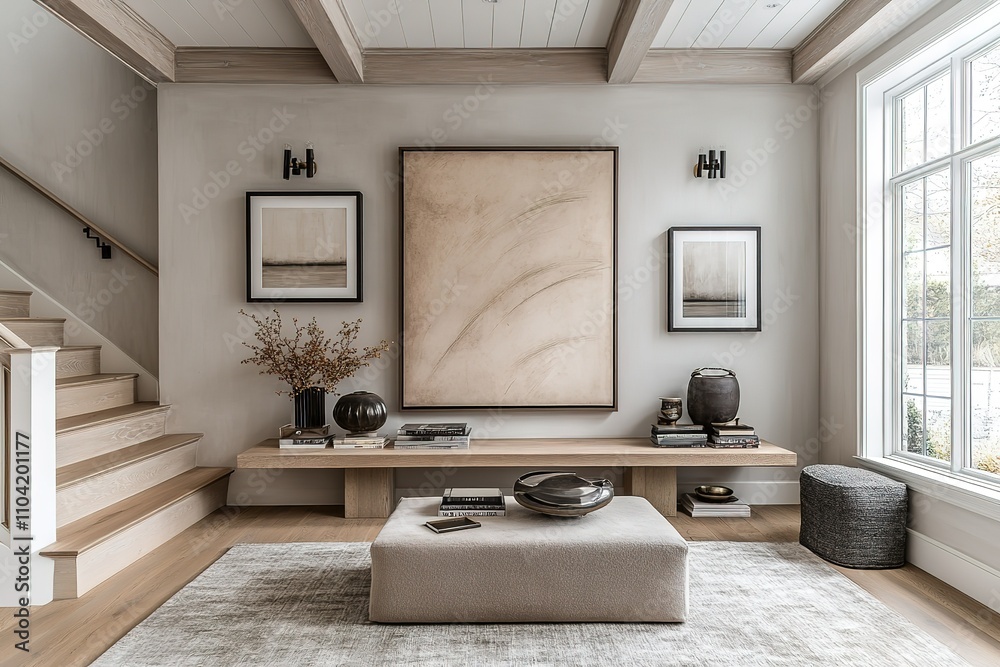 Fototapeta premium A living room with a large painting on the wall and a wooden coffee table