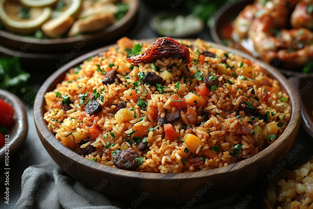 A bowl of rice with meat and vegetables A bowl of rice with meat and vegetables