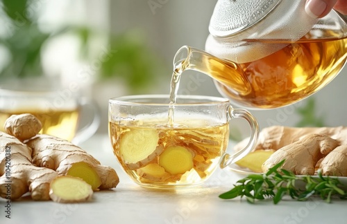 Woman Pouring Ginger Tea from a Glass Teapot Into a Cup on a White Table