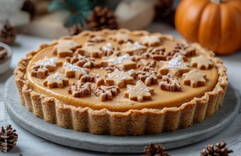 Pumpkin pie with cookie cutouts against an autumn background Pumpkin pie with cookie cutouts against an autumn background