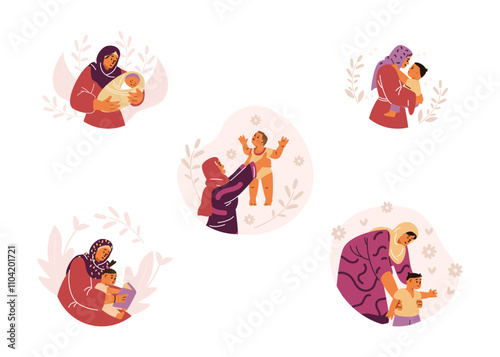 Vector icons a happy mother in a hijab holds a baby, reads a fairy tale