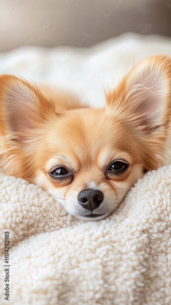 Cute sleeping chihuahua on cozy blanket surrounded by soft lights in living room Cute sleeping chihuahua on cozy blanket surrounded by soft lights in living room