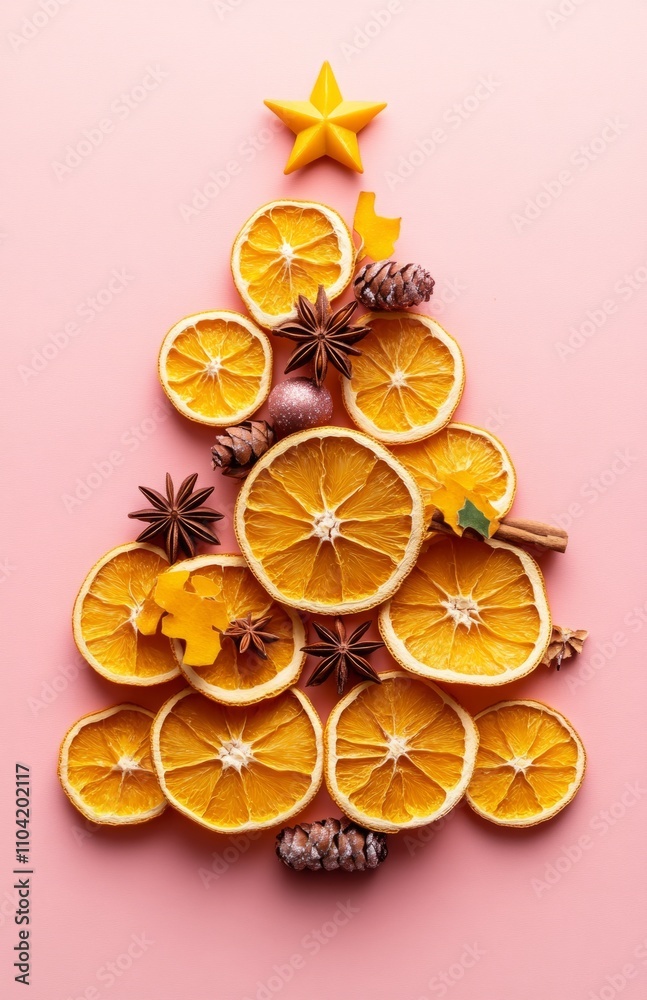 Christmas tree made of dried orange slices on pink Christmas tree made of dried orange slices on pink
