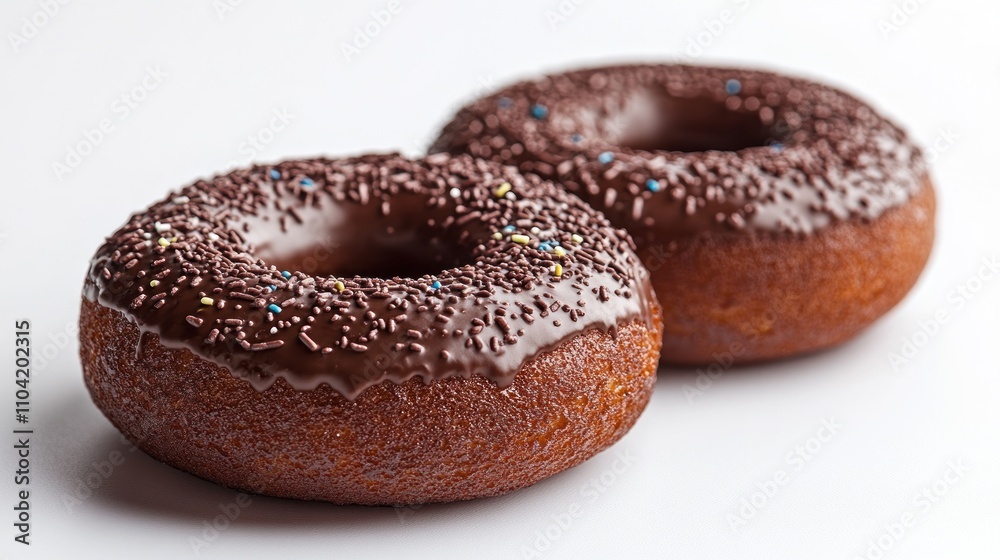 Two chocolate frosted donuts with sprinkles on a white background. Two chocolate frosted donuts with sprinkles on a white background.