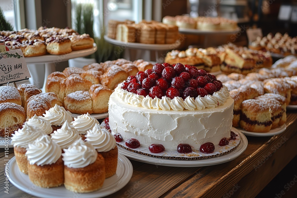A table full of desserts including cakes, cupcakes, and pastries