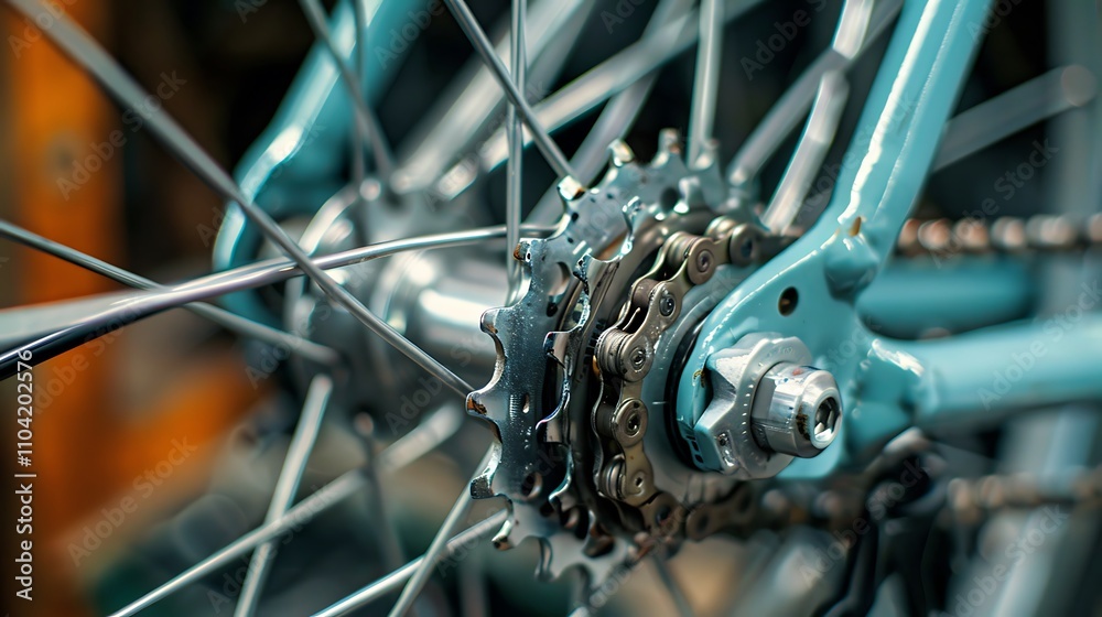 Fototapeta premium A close-up shot of a bicycle's rear wheel and cassette, highlighting the intricate details of the gears and chain.