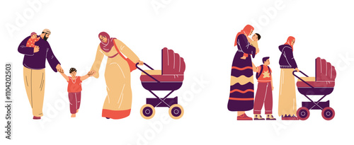 Illustration of a set depicting Muslim women in hijab with her husband, children and baby strollers.