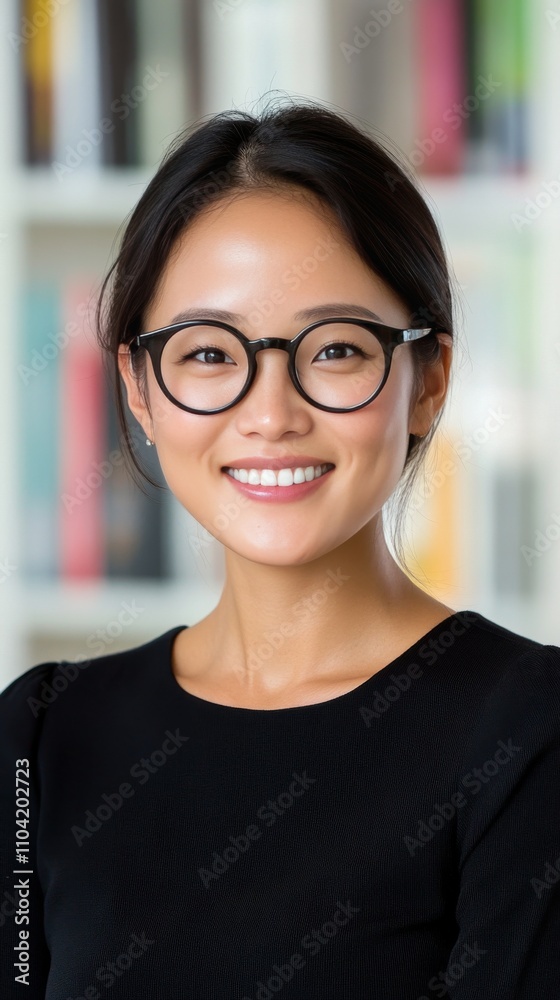 Young woman with glasses smiling indoors, showcasing a casual yet elegant style Young woman with glasses smiling indoors, showcasing a casual yet elegant style