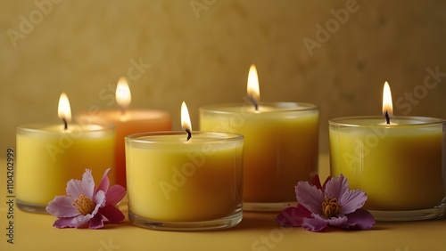 Floral-scented aroma candles on yellow 