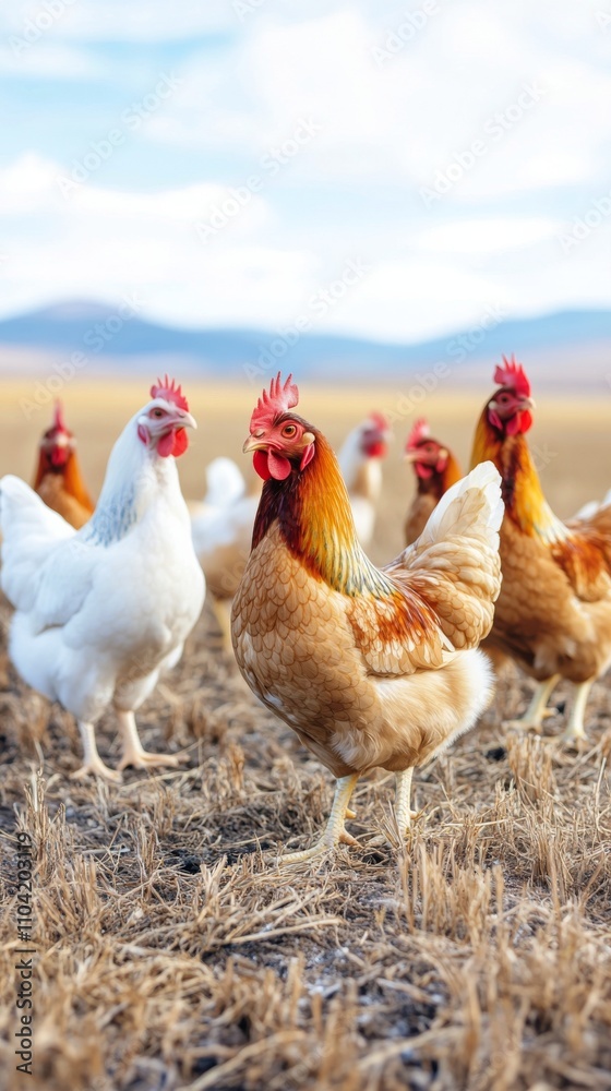 Fototapeta premium Chickens freely roam a sunny farm field in early afternoon during springtime grazing