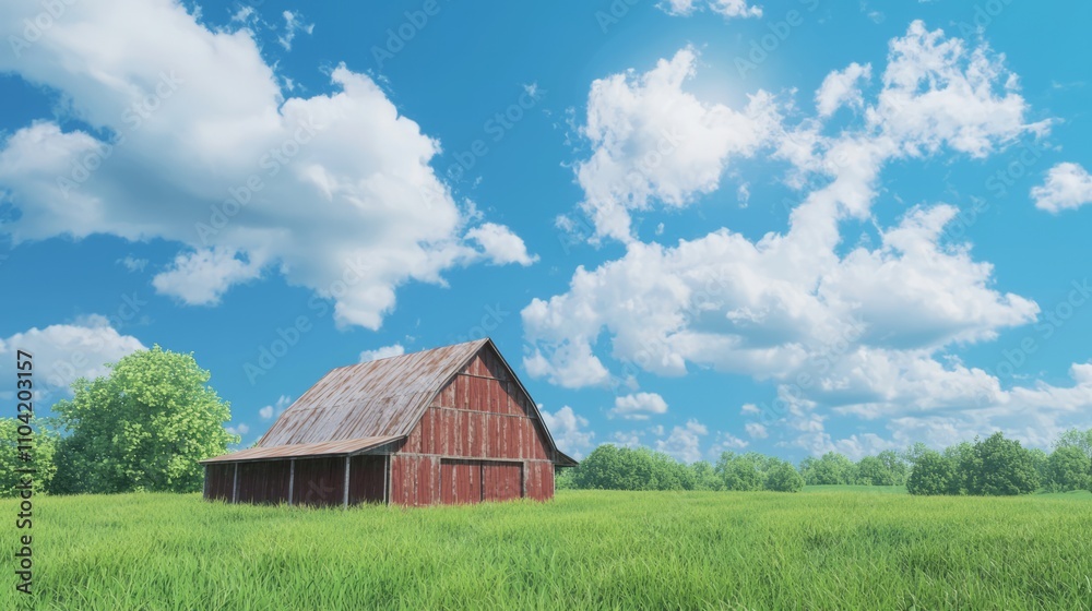 Obraz premium Serene Countryside Charm: Ultra-Detailed Photorealistic Image of Weathered Red Barn in Lush Green Meadows under Clear Blue Sky