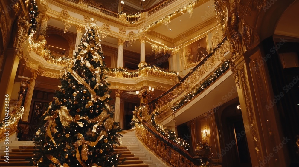 Obraz premium A beautifully decorated interior featuring a grand Christmas tree and elegant staircase.
