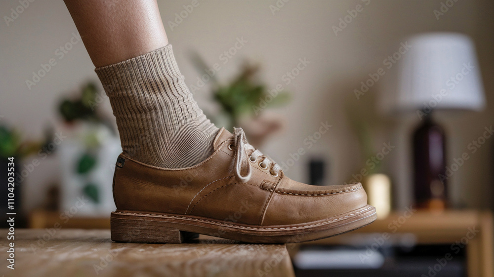 Brown Leather Shoe with Beige Socks on Wood Brown Leather Shoe with Beige Socks on Wood