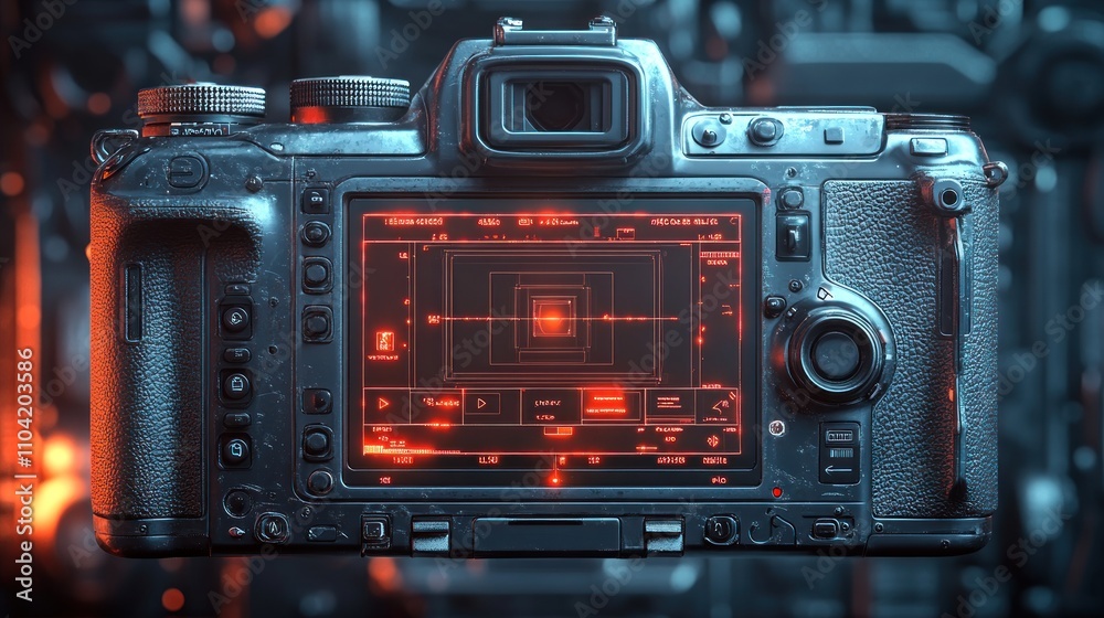 A camera displaying a digital interface with glowing elements, suggesting advanced technology. A camera displaying a digital interface with glowing elements, suggesting advanced technology.