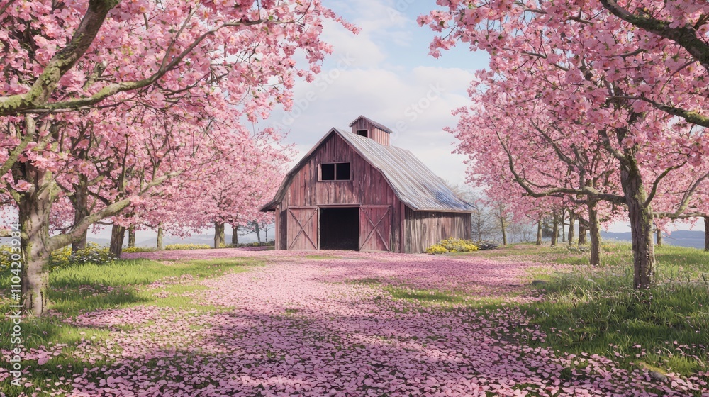 Tranquil Springtime Scene: Barn Amid Cherry Blossoms with Petals, Ultra-Detailed Photography Tranquil Springtime Scene: Barn Amid Cherry Blossoms with Petals, Ultra-Detailed Photography