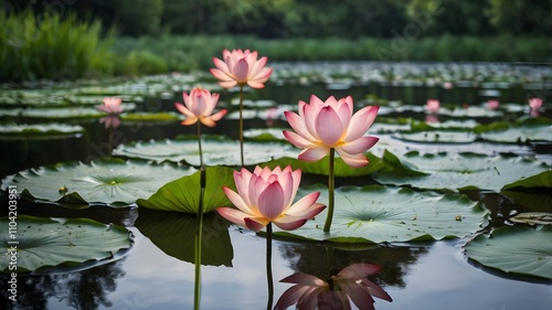 Vibrant lotus flowers blooming on a serene pond surrounded by lush greenery in springtime 