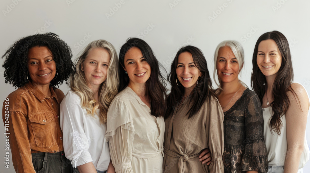Diverse Group of Smiling Women Standing Together Against a Neutral Background in Casual Attire Diverse Group of Smiling Women Standing Together Against a Neutral Background in Casual Attire