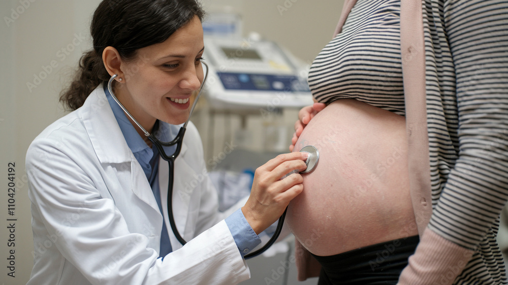 Doctor Checking Fetal Heartbeat With Stethoscope Doctor Checking Fetal Heartbeat With Stethoscope