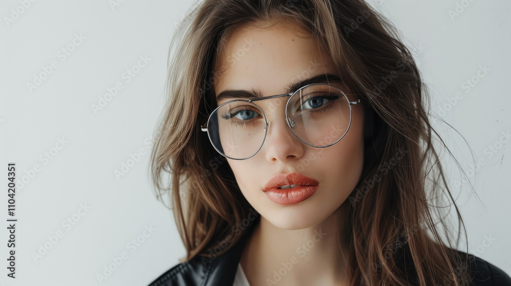 Portrait of a Young Woman with Glasses and Long Hair Against a White Background in a Stylish Leather Jacket Portrait of a Young Woman with Glasses and Long Hair Against a White Background in a Stylish Leather Jacket