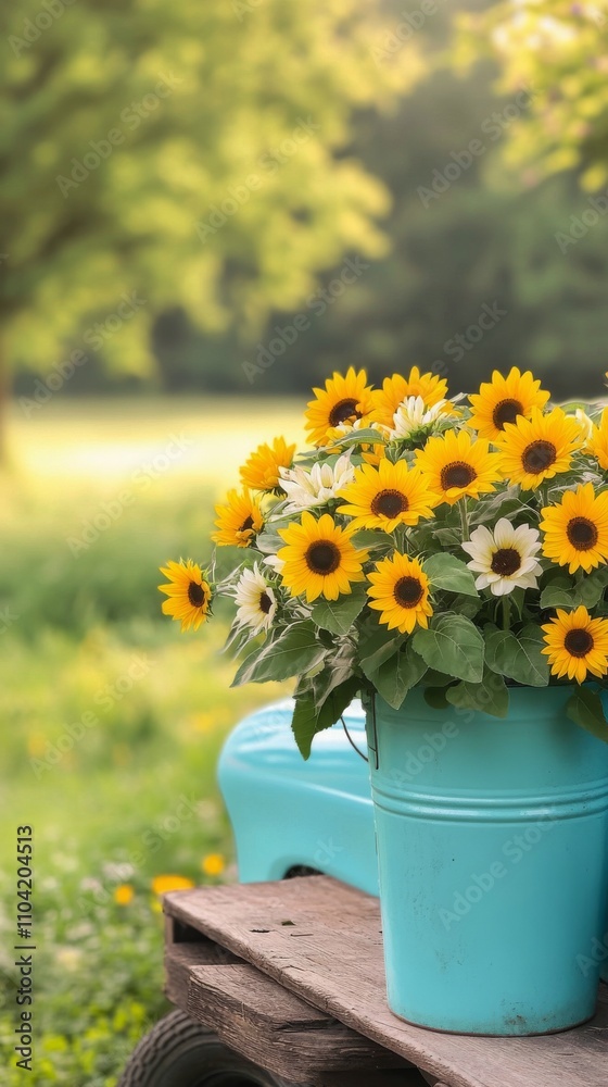 Fototapeta premium Vintage truck decorated with sunflowers during golden hour in a flower field