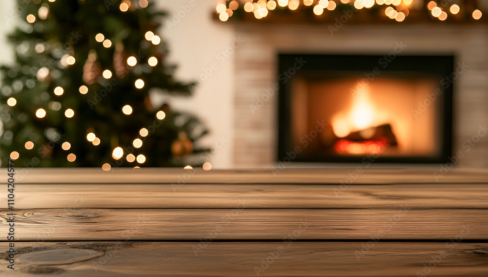 Cozy fireplace and lit christmas tree in warm holiday setting Cozy fireplace and lit christmas tree in warm holiday setting